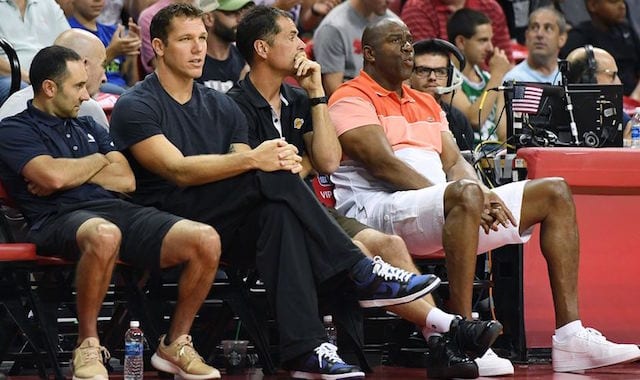 Magic Johnson, Jesse Mermuys, Rob Pelinka, Luke Walton, Lakers