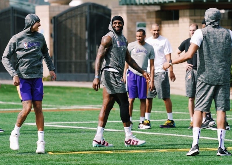 Avery Bradley, Jared Dudley, LeBron James, Kyle Kuzma, football, Lakers practice