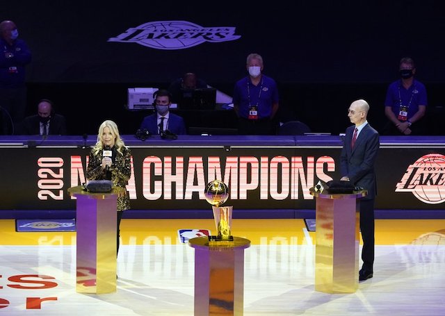 Jeanie Buss, Adam Silver, Larry O'Brien trophy.